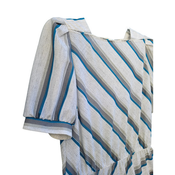 Vintage 70s Blue Gray Striped, Square Neck Flowy, Short Puffy Sleeve Midi Dress - Picture 6 of 9
